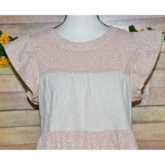 Entro Beige & Pink Cap Sleeve Tiered Blouse Top Size S Striped Polka Dots Cute - Picture 2 of 13